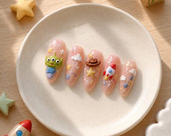 Kawaii Space Adventure Press On Nails, Alien Rocket Star Nails, Cute 3D Pastel Pink Nails, Fantasy Cartoon Nail Art Set