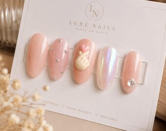 K Pop Inspired Press On Nails Pink Heart Aura Chrome Nails Korean Idol Concert Manicure Set