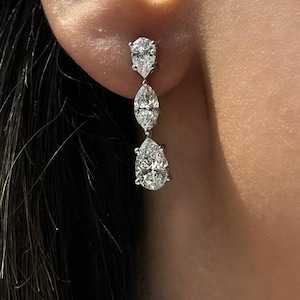 14K Yellow Gold Pear Cut Diamond Drop Earrings, 3ct E/VVS2 Lab Created Diamonds