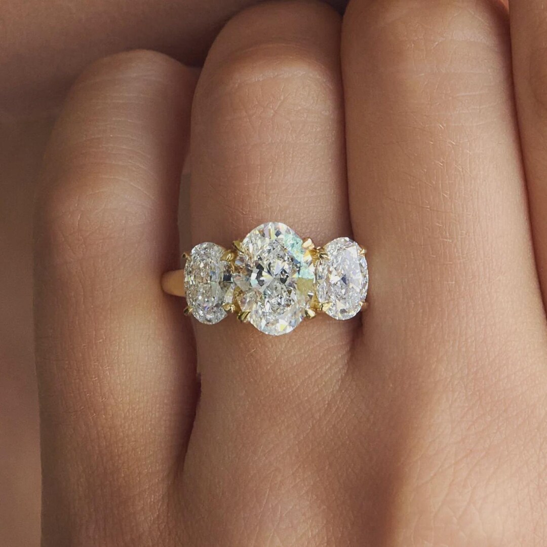 Oval Cut Three Stone Lab Grown Diamond Ring, 14K Yellow Gold Engagement ...