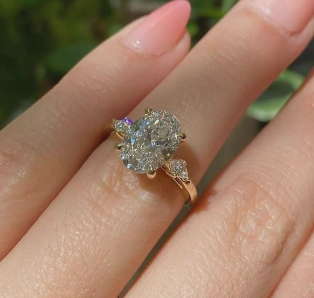 Oval Cut Moissanite Engagement Ring, 14K Solid Gold Trilogy Ring ...