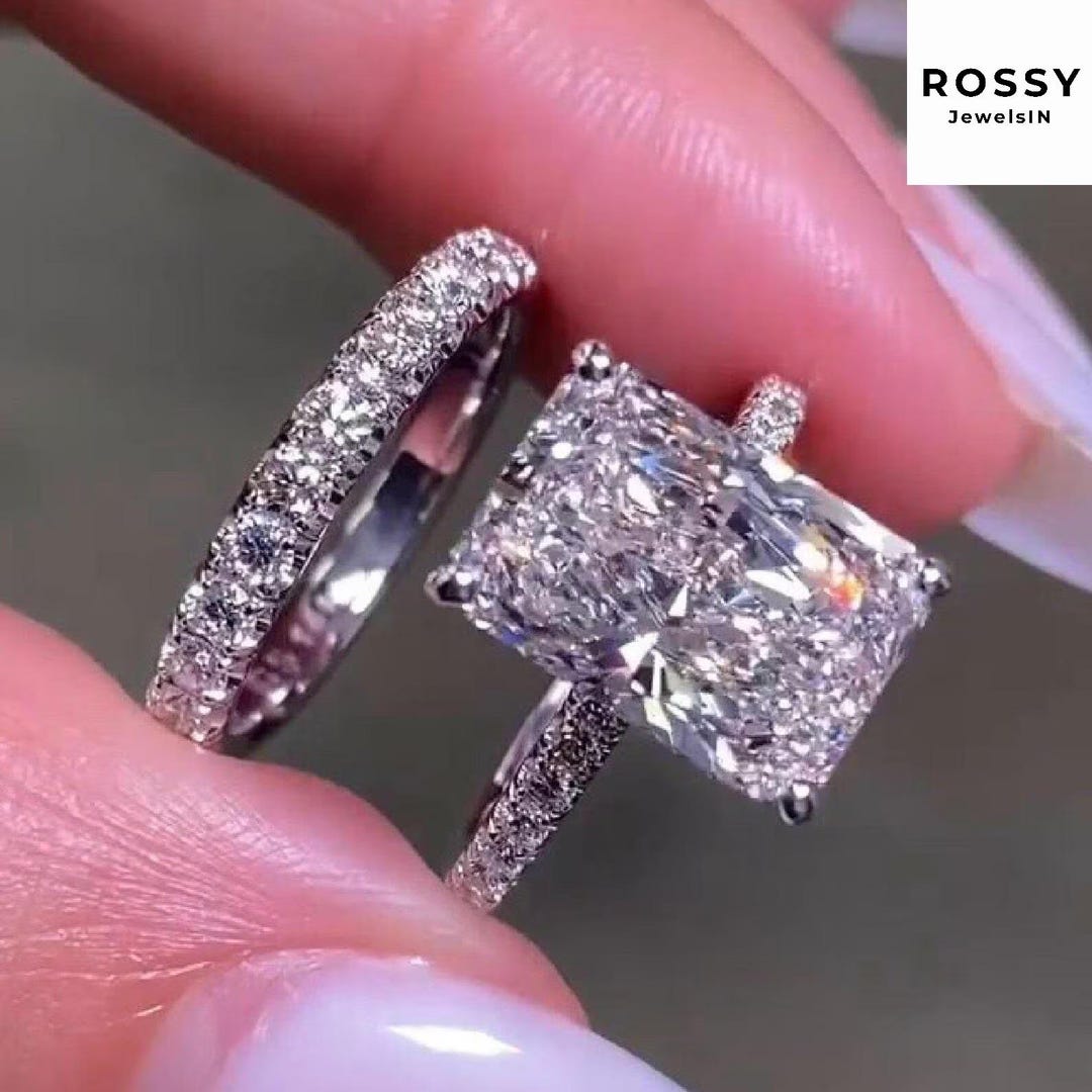Radiant Cut Lab Diamond Ring Set, 2CT Hidden Halo, 14K Solid Gold ...