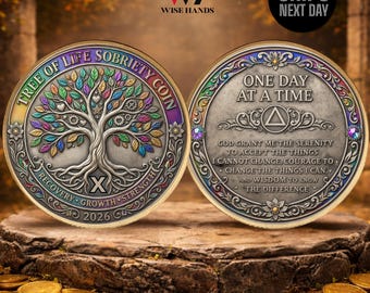 Personalized Sobriety Coin,1-99 Years Tree of Life AA Medallion,Serenity Prayer Token,Recovery Sobriety Coin,Tree of Life AA
