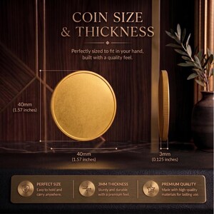 May include: A gold-colored coin, 40mm (1.57 inches) in diameter and 3mm (0.125 inches) thick, is displayed. The image includes text that reads "COIN SIZE & THICKNESS" and "Perfectly sized to fit in your hand, built with a quality feel."