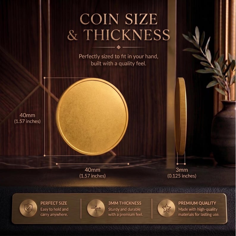 May include: A gold-colored coin, 40mm (1.57 inches) in diameter and 3mm (0.125 inches) thick, is displayed. The image includes text that reads "COIN SIZE & THICKNESS" and "Perfectly sized to fit in your hand, built with a quality feel."
