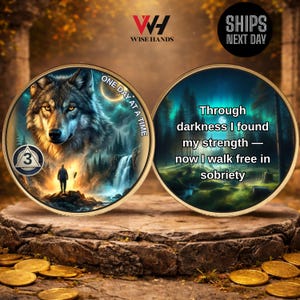 May include: Two round, gold-rimmed coins. One features a wolf, waterfall, and the text "ONE DAY AT A TIME." The other coin has a forest scene and the text "Through darkness I found my strength - now I walk free in sobriety."