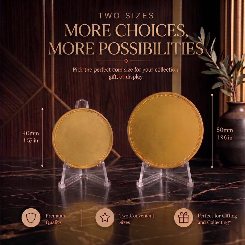 May include: Two gold-colored coins, 1.57 inches (40mm) and 1.96 inches (50mm) in diameter, displayed on clear acrylic stands. The image includes text that reads "Two Sizes, More Choices, More Possibilities". The text also mentions "Premium Quality" and "Perfect for Gifting and Collecting".