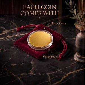 May include: A gold coin in a clear plastic case rests on a burgundy velvet pouch. The text "EACH COIN COMES WITH" is at the top of the image. The coin is round and has a shiny, reflective surface.