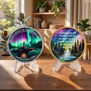 Personalized Sobriety Coin,  Custom Recovery Token,Northern Lights Coin,Sober Medallions One Day at a Time Gifts for Men & Women