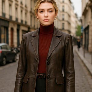 May include: A brown leather blazer with a classic design, featuring a notched lapel and two-button closure. The blazer is worn over a burgundy turtleneck and black shorts. The outfit is completed with a black belt.