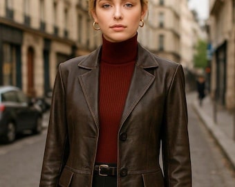 Handmade Dark Brown Leather Blazer Women's Tailored Longline Jacket