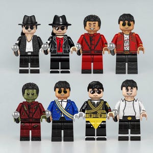 Conjunto de 8 peças de blocos de montar King Of Pop MJ, incluindo miniaturas de figuras de ação do Michael Jackson, incluindo o boneco do filme Thriller, Beat It e King Of Pop.