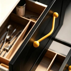 Könnte beinhalten: Eine schwarze Küchenschublade mit einem geschwungenen, leuchtend gelben Griff. Die Schublade ist leicht geöffnet und gibt den Blick auf einen hölzernen Inneneinsatz frei, der silberfarbenes Metallbesteck wie Löffel und Gabeln ordentlich sortiert.