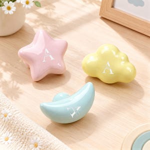 Ceramic Kid's Room Knob, Star, Moon And Cloud Drawer Pull, Wardrobe Knob Handles