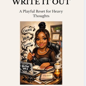 May include: Illustration with the text "WRITE IT OUT" and "A Playful Reset for Heavy Thoughts." The image features a woman at a desk with a laptop, books, and a candle. The words "CREATE," "HEAL," and "INSPIRE" are also visible.