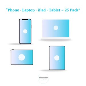 Pode incluir: Uma ilustração com um smartphone, laptop, iPad e tablet, cada um com uma tela azul gradiente e um círculo branco. O texto na parte superior diz "Phone • Laptop • iPad • Tablet - 25 Pack".