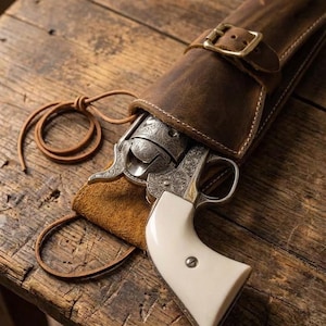 Fondina in pelle da cowboy a estrazione rapida, da cintura o da gamba, stile western.