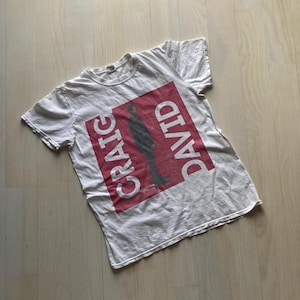 May include: White t-shirt featuring a red rectangle with the name "DAVID" and "CRAIG" in white text. A silhouette of a person is in the center of the rectangle. The t-shirt is on a light wood surface.