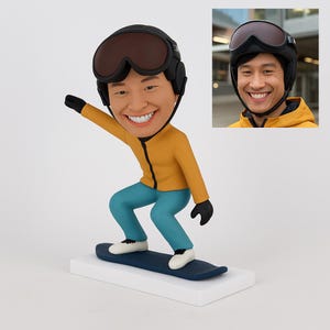 Puede incluir: Figura de una persona practicando snowboard. La figura lleva un casco negro con gafas, una chaqueta amarilla, pantalones azules, guantes negros y zapatos blancos. La tabla de snowboard es azul oscuro y la base es blanca. Una imagen más pequeña de la persona está en la esquina.