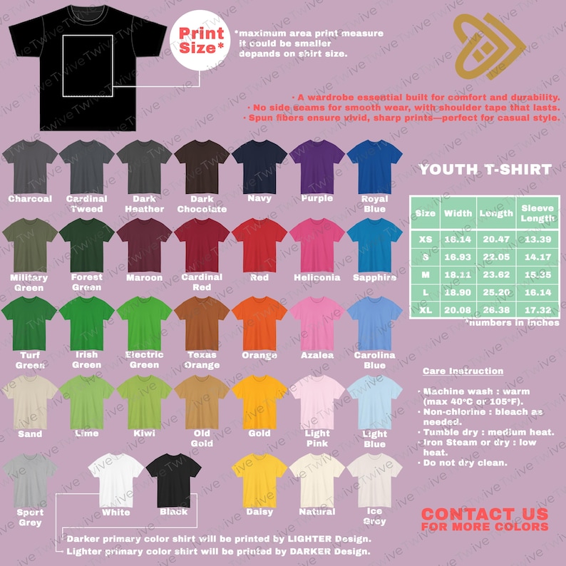 May include: A variety of youth t-shirts in various colors, including charcoal, navy, red, and orange. The image includes a size chart with measurements in inches and care instructions. The text on the image says "Contact us for more colors."
