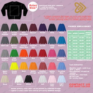 May include: A unisex sweatshirt in various colors, including dark heather, forest green, and navy. The image displays a size chart with measurements in inches and care instructions. The text indicates the shirt is a cotton-poly blend.