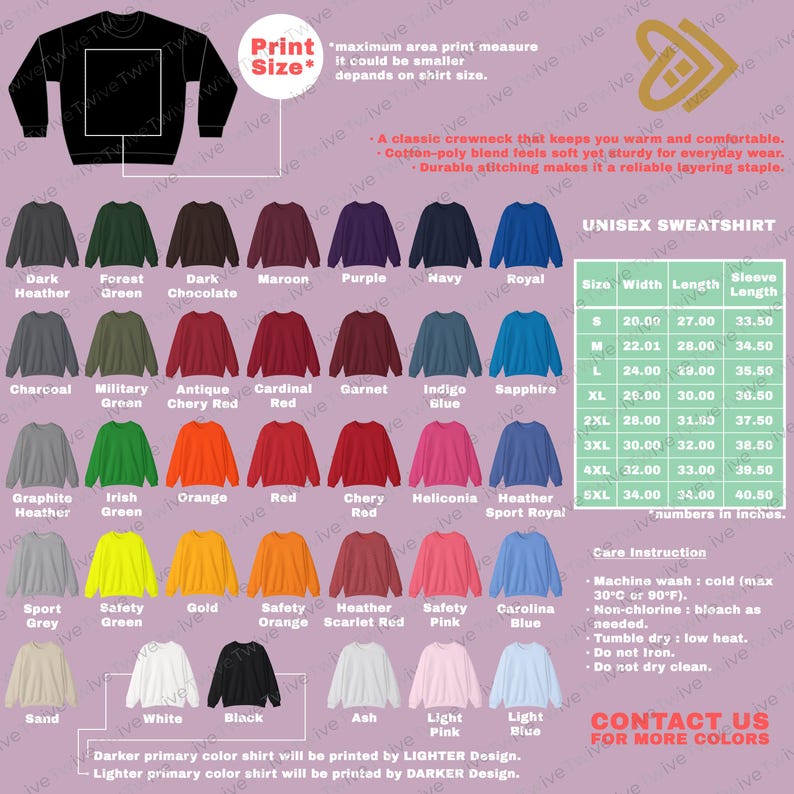 May include: A unisex sweatshirt in various colors, including dark heather, forest green, and navy. The image displays a size chart with measurements in inches and care instructions. The text indicates the shirt is a cotton-poly blend.