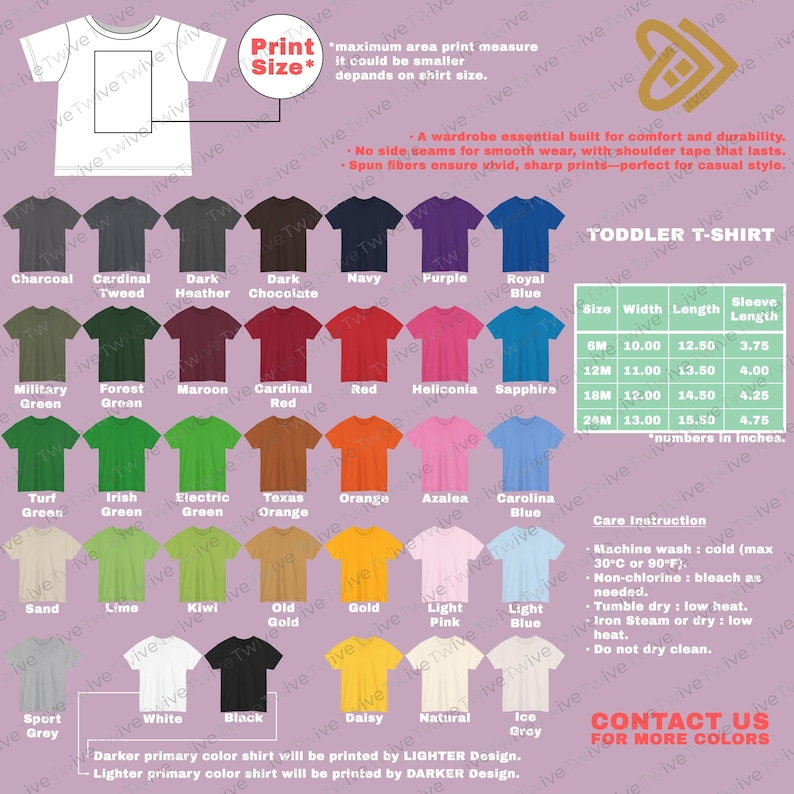 May include: A toddler t-shirt color chart with various colors, including charcoal, navy, and red. The chart also displays size and measurement information in inches, along with care instructions.