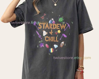 Stardew Valley and Chill Comfort Colors Shirt, Funny Bootleg Parody Tee, Gaming Simulator Gift, Cute Pixel Farm T-Shirt, Cozy Gamer Merch