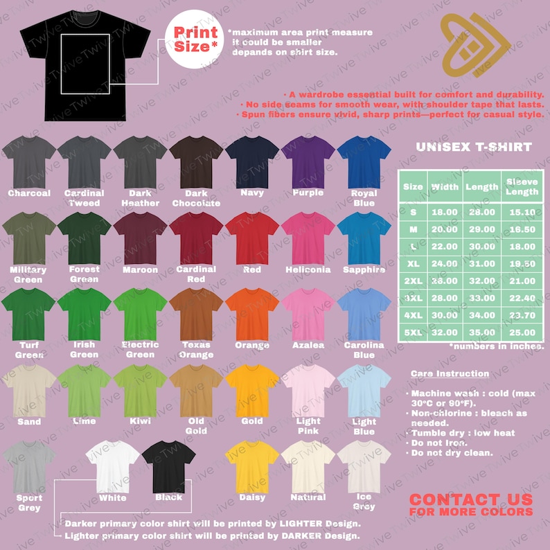 May include: A unisex t-shirt color chart with various colors, including charcoal, navy, red, and orange. The image also includes a size chart with measurements in inches and care instructions. The text "Print Size" is also visible.