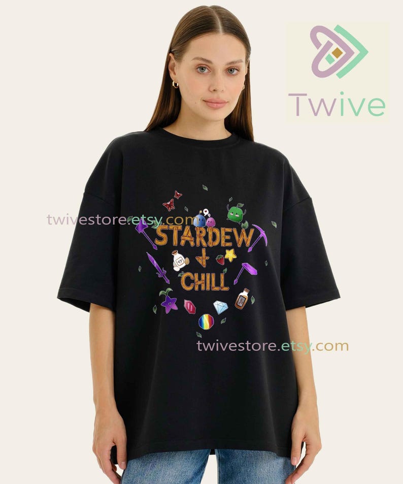 Stardew Valley och Chill Comfort Colors-tröja, rolig bootleg-parodi-tröja, spelsimulator-present, söt Pixel Farm-tröja, mysig gamermerchandise bild 2