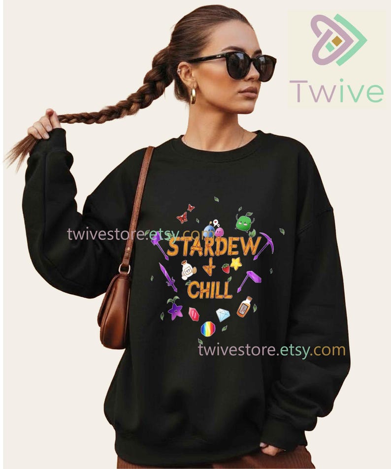 Stardew Valley och Chill Comfort Colors-tröja, rolig bootleg-parodi-tröja, spelsimulator-present, söt Pixel Farm-tröja, mysig gamermerchandise bild 4