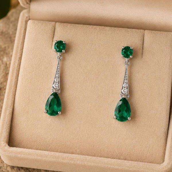 Emerald Drop Earrings, 14K Gold, Round Heart Green Gemstone, CZ Diamond Dangle