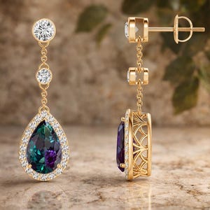 May include: Gold-toned drop earrings featuring a pear-shaped, teal and purple gemstone surrounded by small, clear stones. The earrings have a delicate chain design with additional clear stones and a post-and-clasp closure.