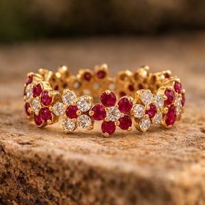 Ruby & CZ Diamond Full Eternity Band, Floral Ruby Wedding Ring, July Birthstone Anniversary Band