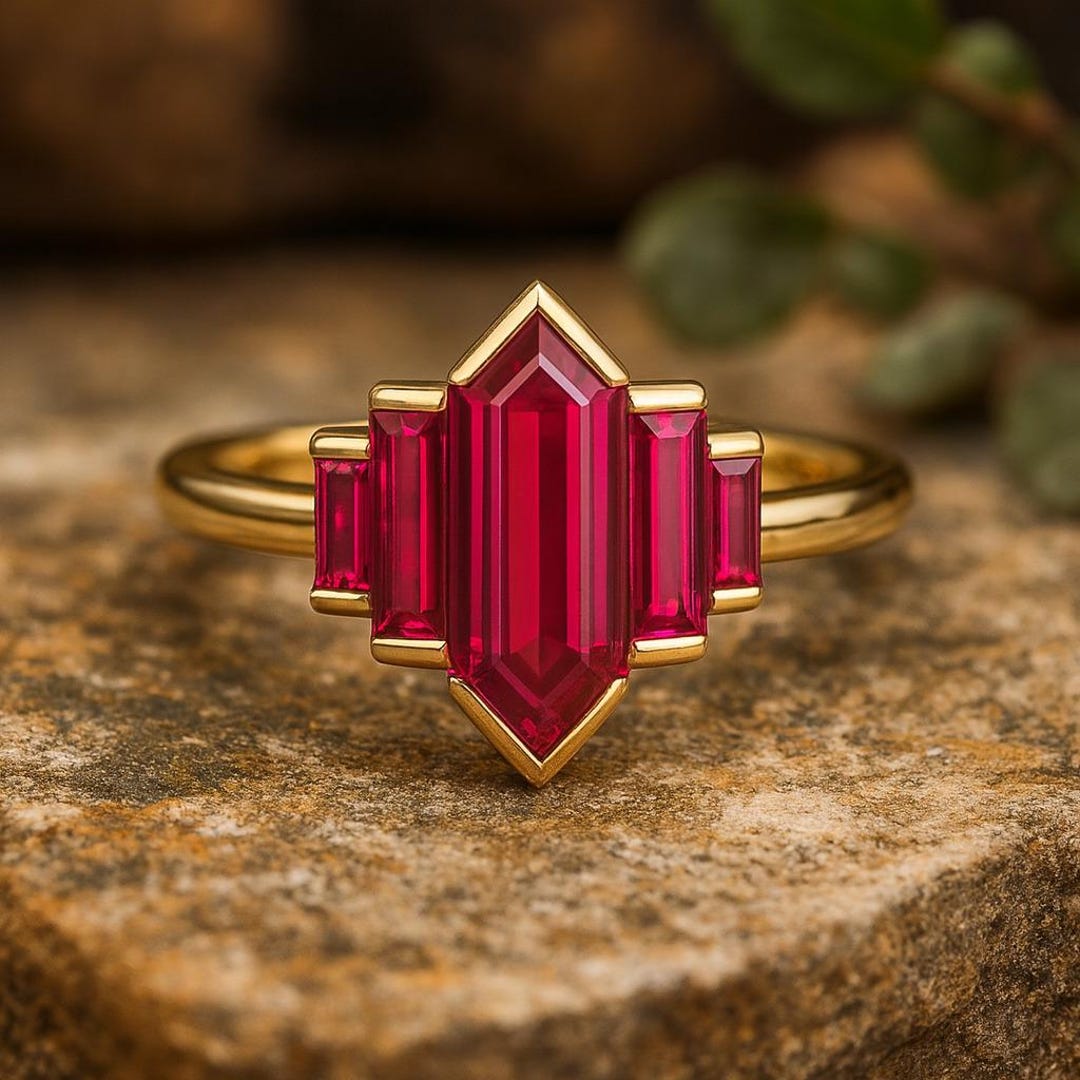 Geometric Ruby Engagement Ring Art Deco Ruby Ring Emerald Cut Ruby ...