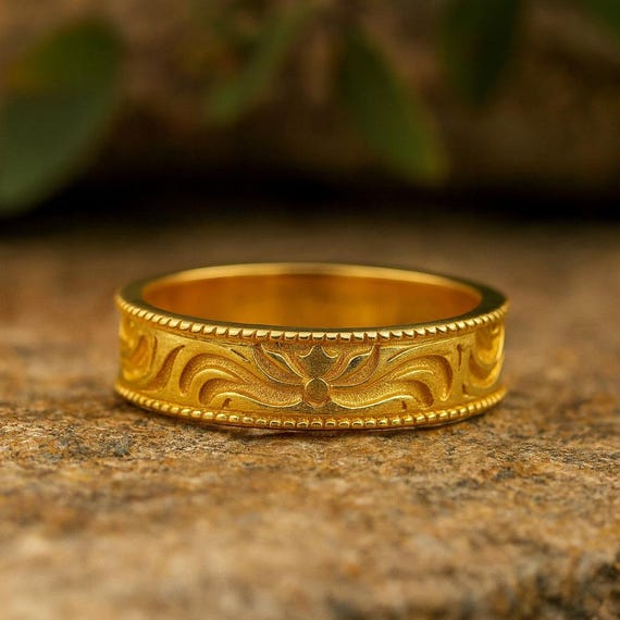 英国 vintage gold ring 20号 Engraved Gold Band: Vintage Floral Wedding Ring - Etsy