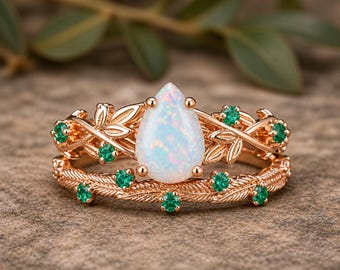 Conjunto de anéis de noivado com opala, anel com opala em formato de pera, aliança de casamento com formato de folha, conjunto de anéis inspirado na natureza, conjunto de noiva boho, anel com pedra de nascimento de outubro