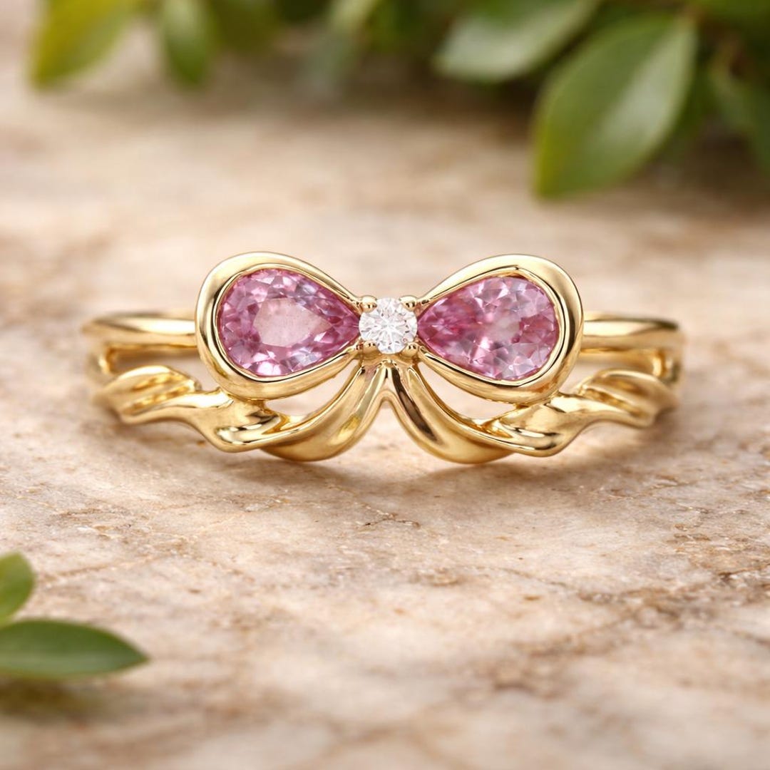 Pear Bow Pear Pink Sapphire Bow Ring, Gold Gemstone Jewelry - Etsy