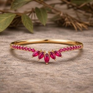 Ruby Wedding Band, Dainty Stacking Ring, Marquise Crown Ring, Red Gemstone Band, Minimalist Gold Ring, Anniversary Gift for Her