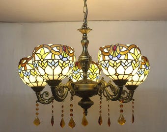 ヴィンテージ ティファニースタイル ステンドグラス 5灯シャンデリア クリスタルドロップ付き