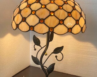 Tiffany-lampenkap met glazen kraal, smeedijzeren basis van hars, sfeerverlichting voor woonkamer en studeerkamer.