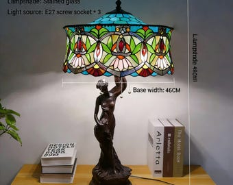 ティファニーフラワーシャドウランプの詳細画像｜彫刻的なベースと多色ガラスシェードの素材と寸法