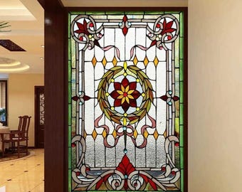 Central floral symmetrical stained glass window | Retro translucent stained glass window with red, yellow and green geometric patchwork