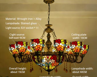 レトロな錬鉄製のマルチランプホルダー、ステンドグラスの花のシャンデリア