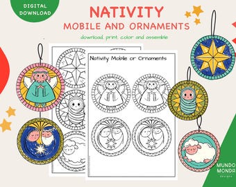 Coloring Nativity Garland and Ornaments: kids activity for Christmas (digital download)