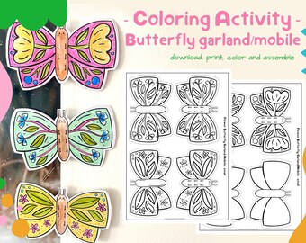 Coloring Activity: Color-me Buterflies for garland, mobile or ornaments. Kids activity (digital download)