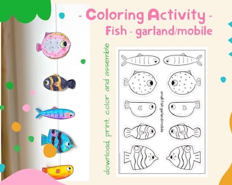 Coloring Fish Paper Garland: fun under the water ornaments for kids activities. (Digital Download)