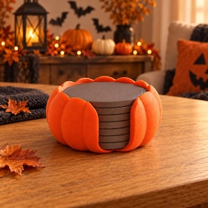 Herbstliche Untersetzer, 7er-Set braune Untersetzer mit orangefarbenem Kürbisfuß, Tischdekoration für Herbst und Halloween, 3D-gedruckt