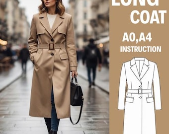 Naaipatroon lange jas | Winterjas pdf-patroon | Naaipatroon jas dames en heren | Zelfgemaakte loopgraaf over de volledige lengte | Trenchcoat dames