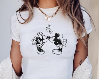 Minnie and Mickey Baby Tee, Disney Couple Tee, Disneyland Valentines Day Gift, Y2k 90s Style, Gift for Her, Disney Sketch Shirt
